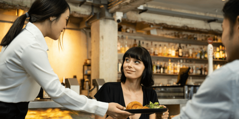 waiter handing food to the customer